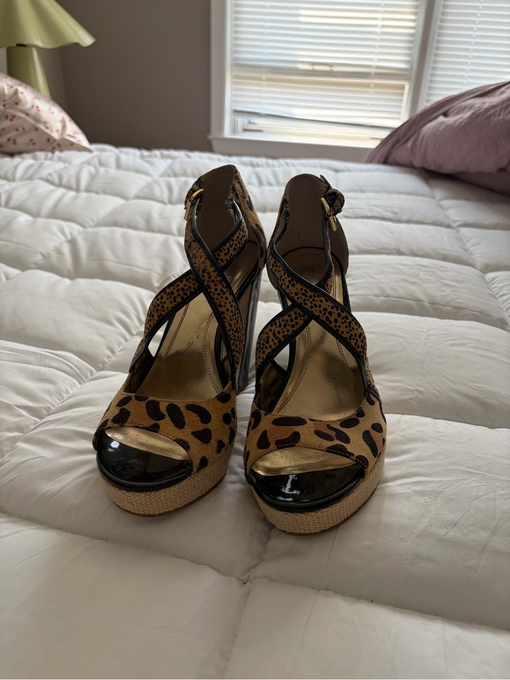 Leopard Print Wedge Sandals - Black & Tan - Picture 2 of 6